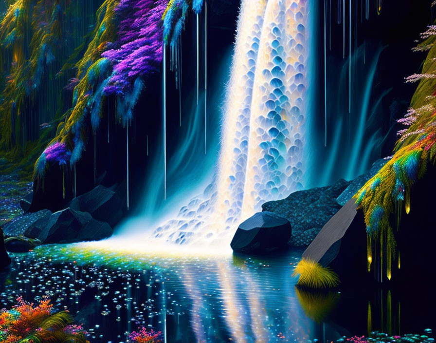 Luminous waterfall with neon-colored flora in digital artwork