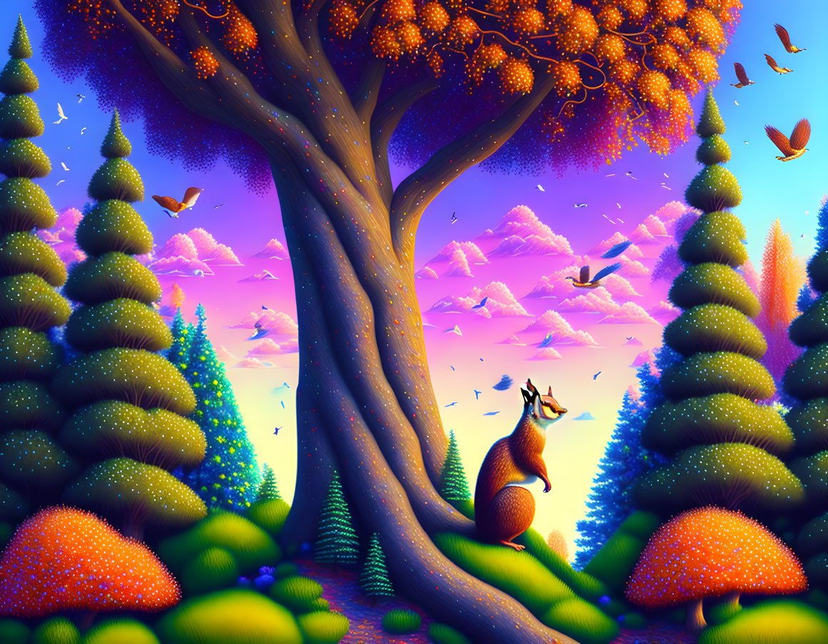 Colorful whimsical forest scene with tree, fox, butterflies, and purple sky.