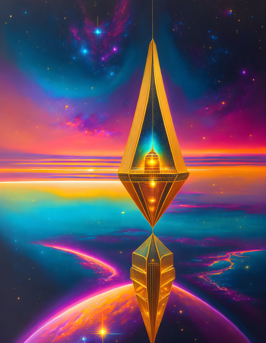 Futuristic golden structure above colorful planet in cosmic scene