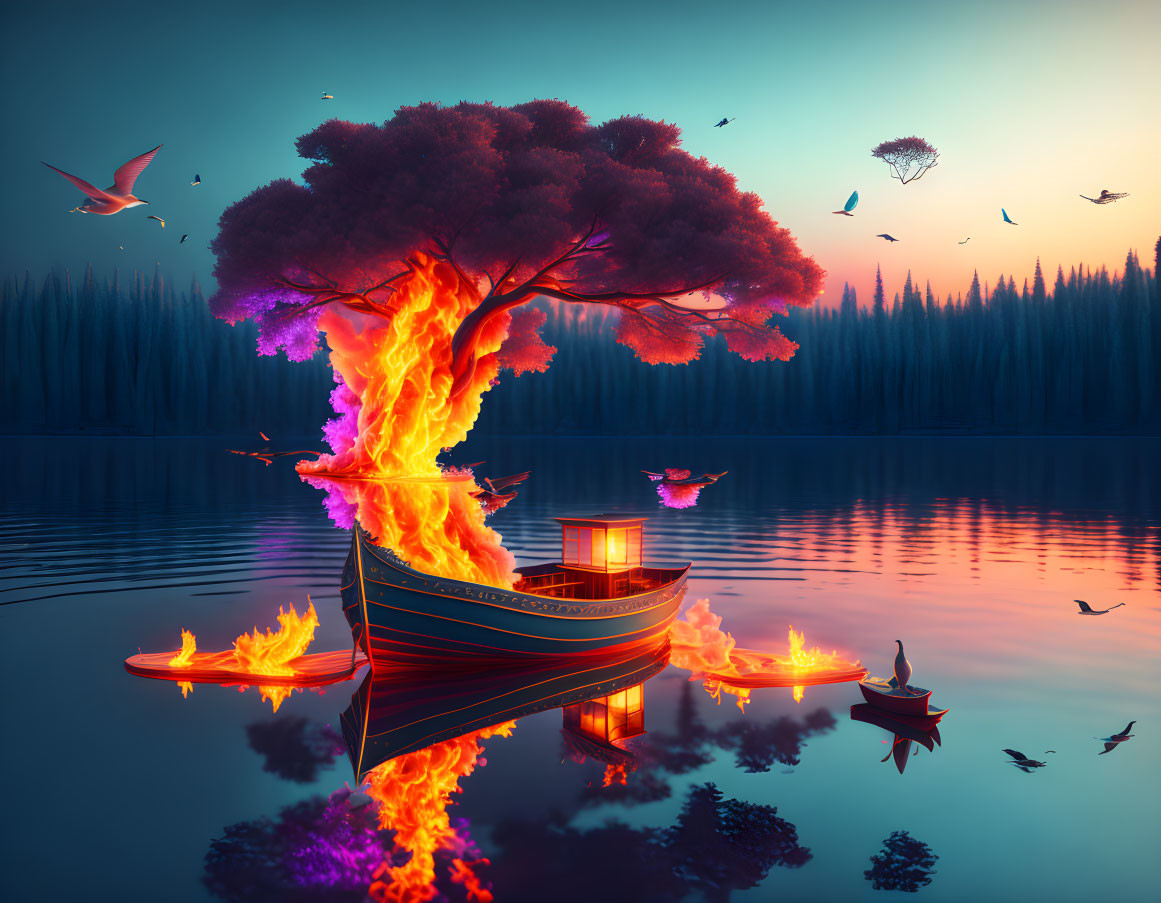 Surreal image: flaming tree on boat, water reflections, twilight sky