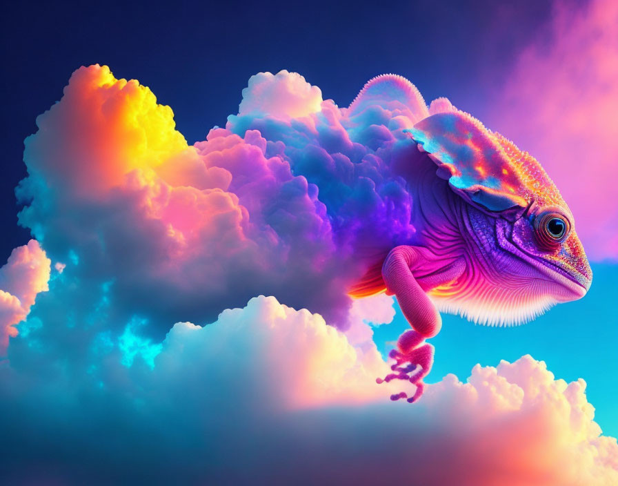 Colorful chameleon blending with vibrant clouds in gradient sky