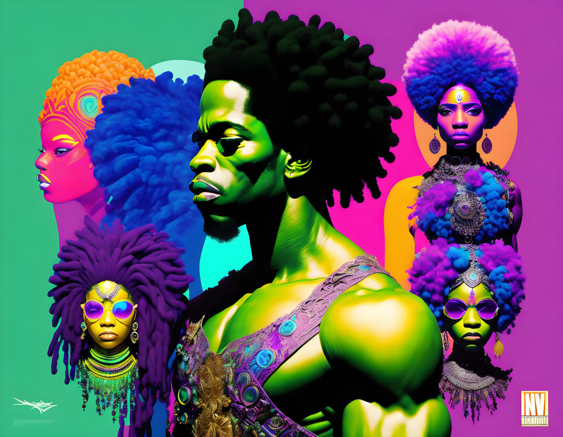 Colorful digital artwork: African figures with elaborate hairstyles & regal attire