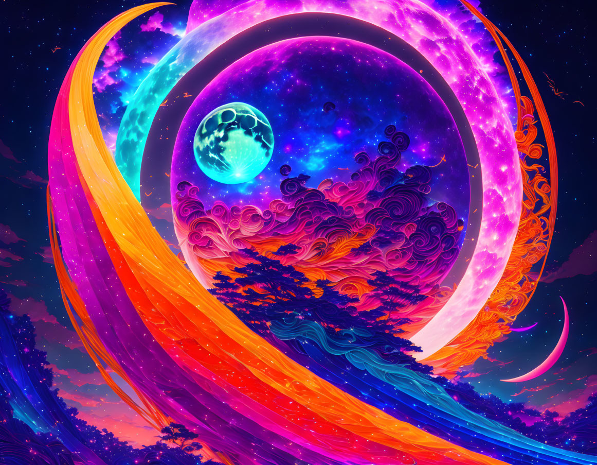 Colorful cosmic artwork: swirling neon planets and stars on dark space background