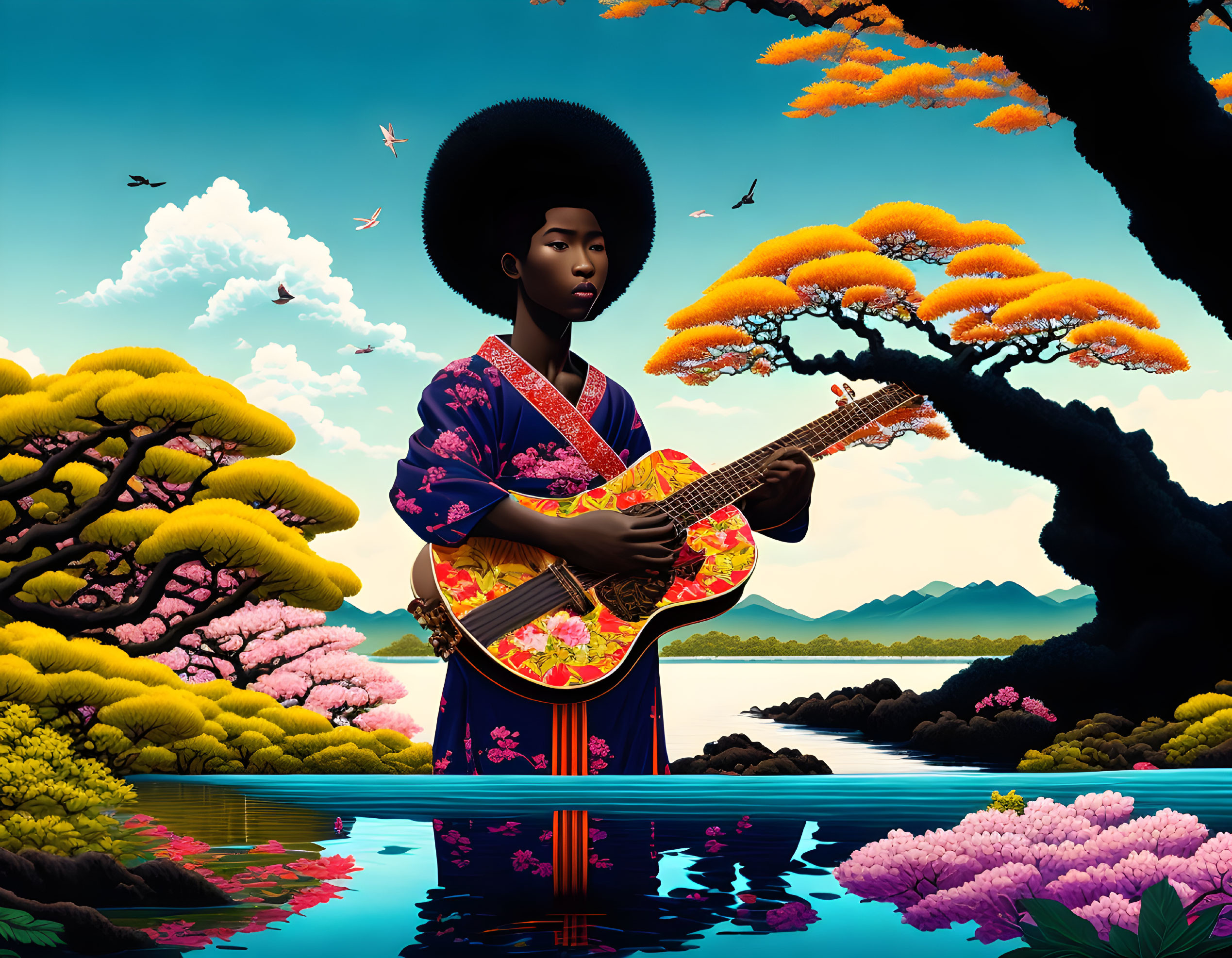 Person in kimono with afro hairstyle holds guitar in nature setting