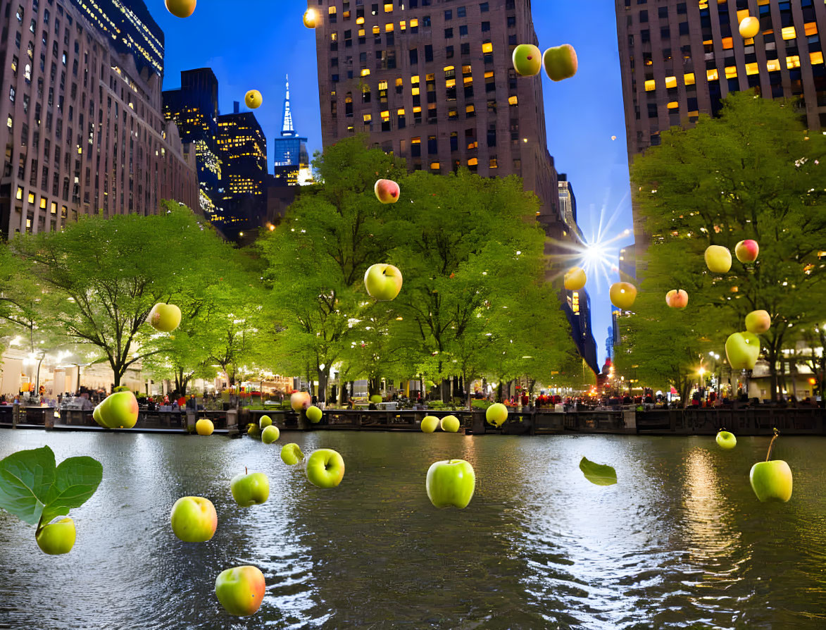 Urban park at twilight with floating and falling apples in pond.