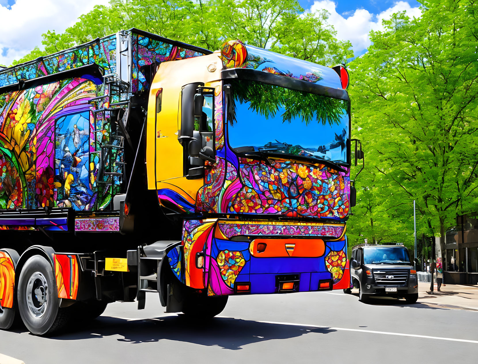 Colorful Abstract Art Painted Truck Driving on Sunny Street