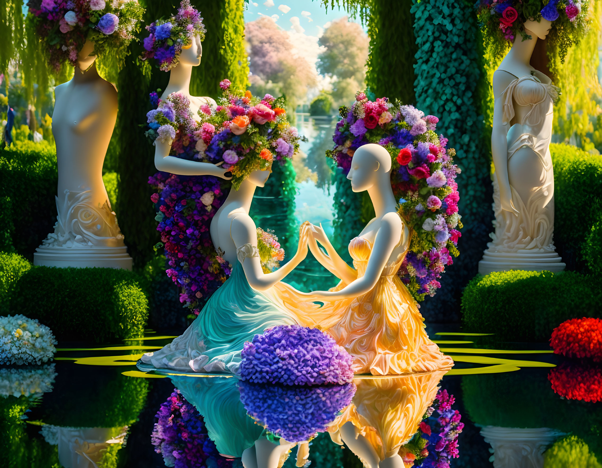 Elegant statues with flower bouquets in vibrant garden