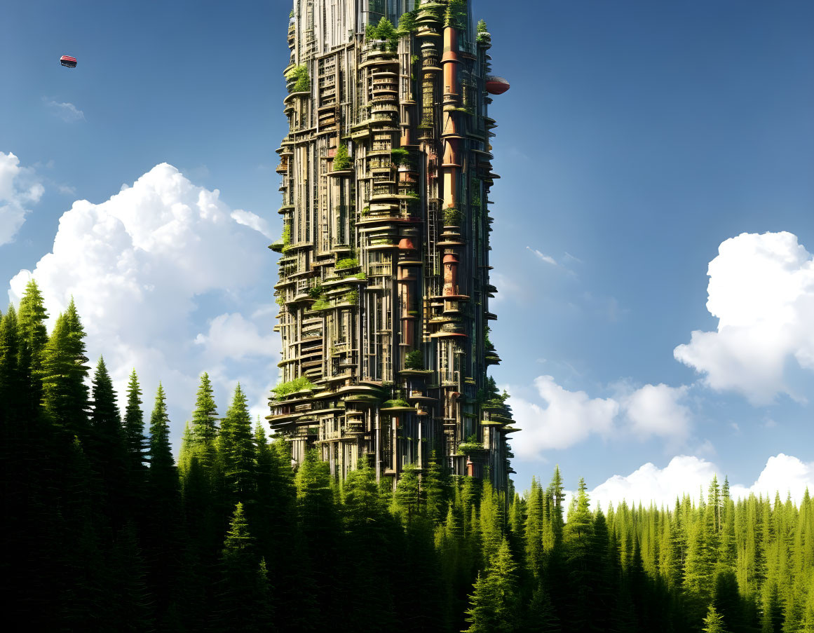 Towering skyscraper covered in greenery above forest with flying craft