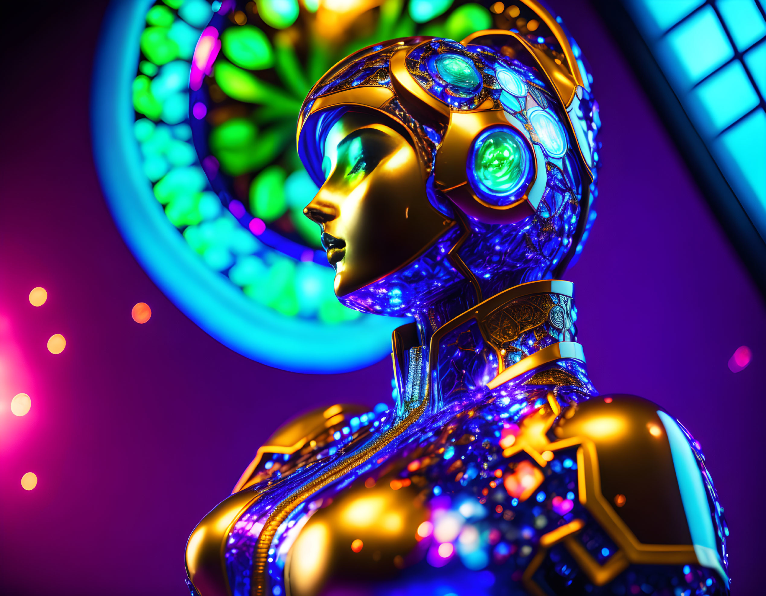 Reflective golden robotic woman in neon-lit scene