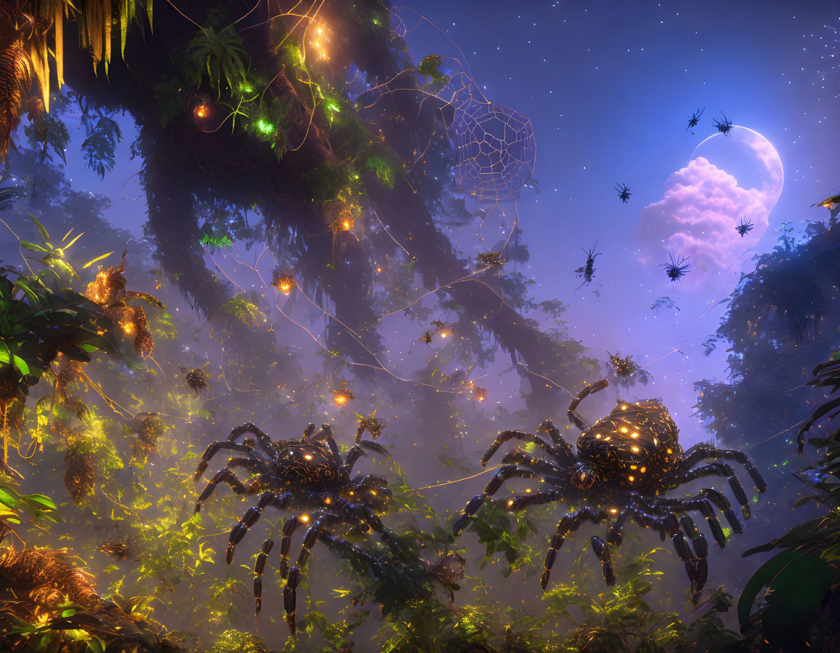 Enchanted Night Forest with Glowing Spiders and Moonlit Sky