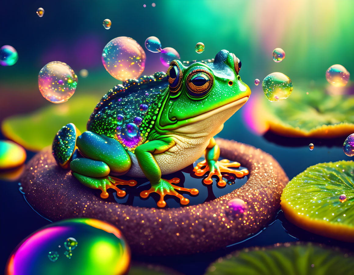 Colorful Frog on Lily Pad with Bubbles in Dark Background