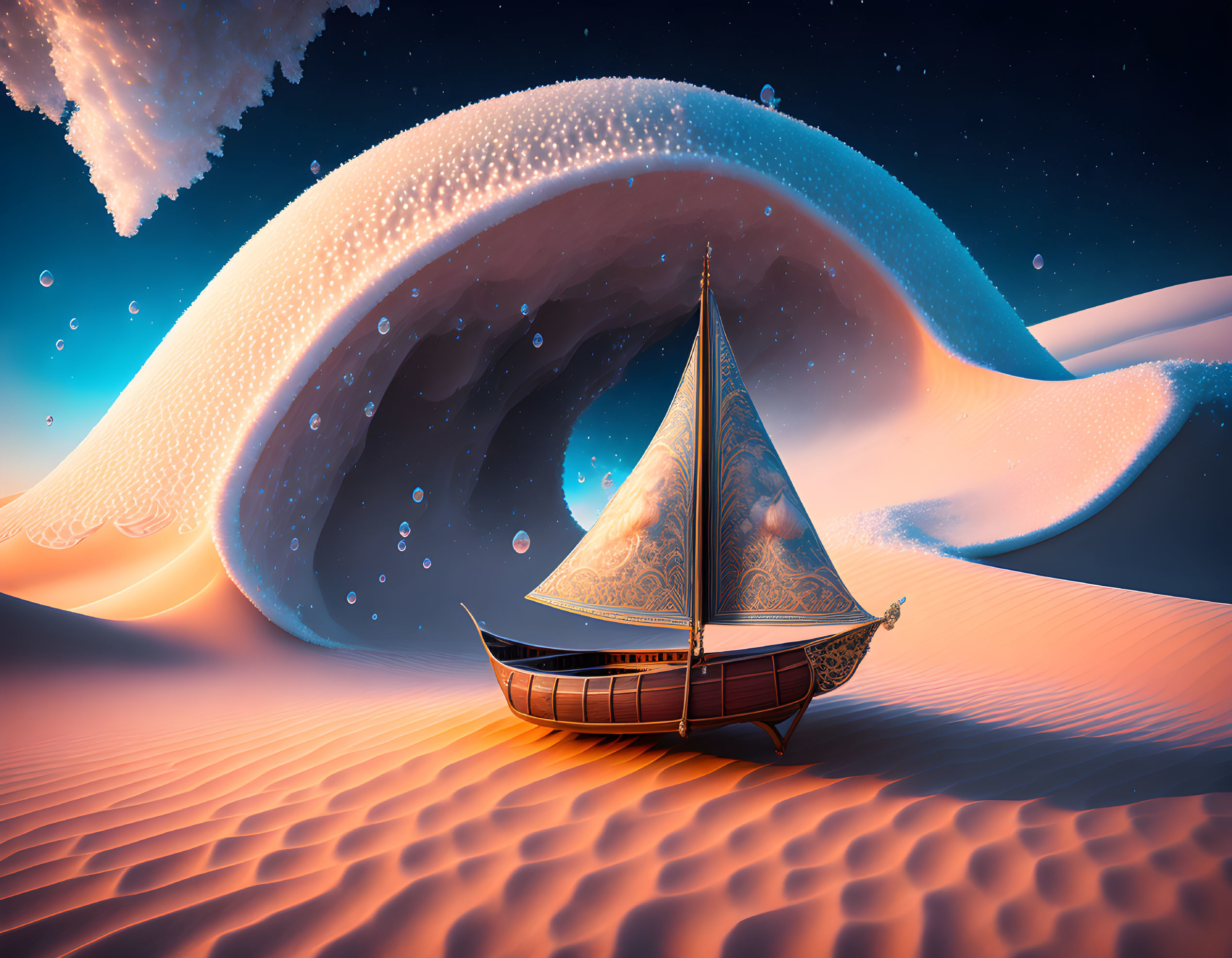 Wooden sailboat on desert under wave-shaped cloud with star sprinkle in twilight.