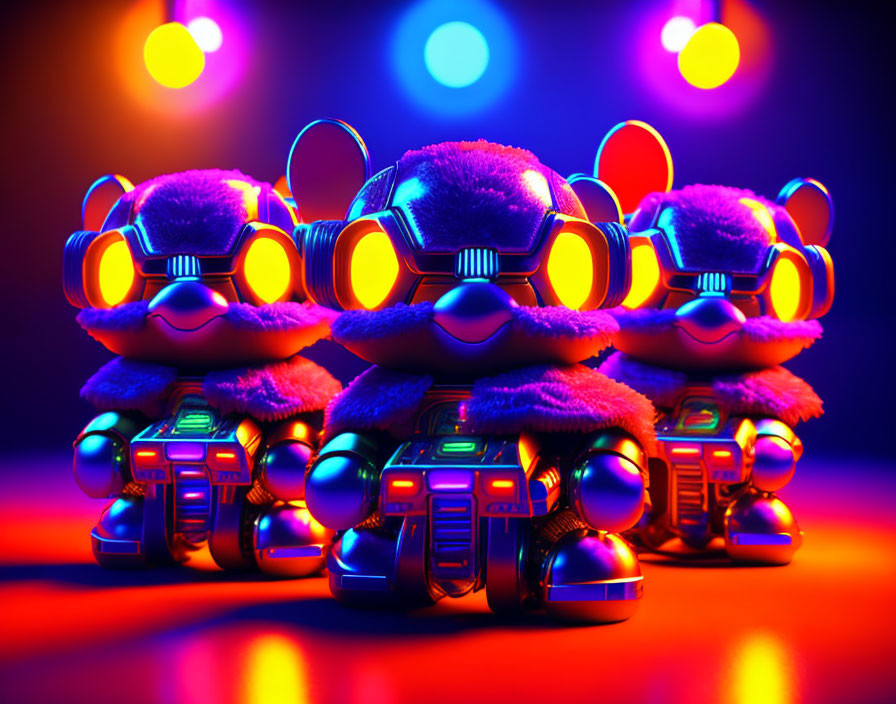 Colorful Glowing Robotic Toys Against Blue and Red Lights