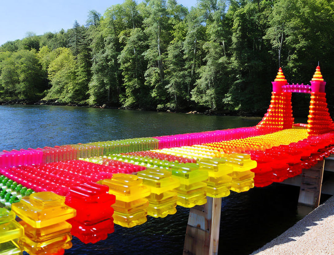 Colorful Plastic Block Bridge Over River with Green Trees and Blue Sky