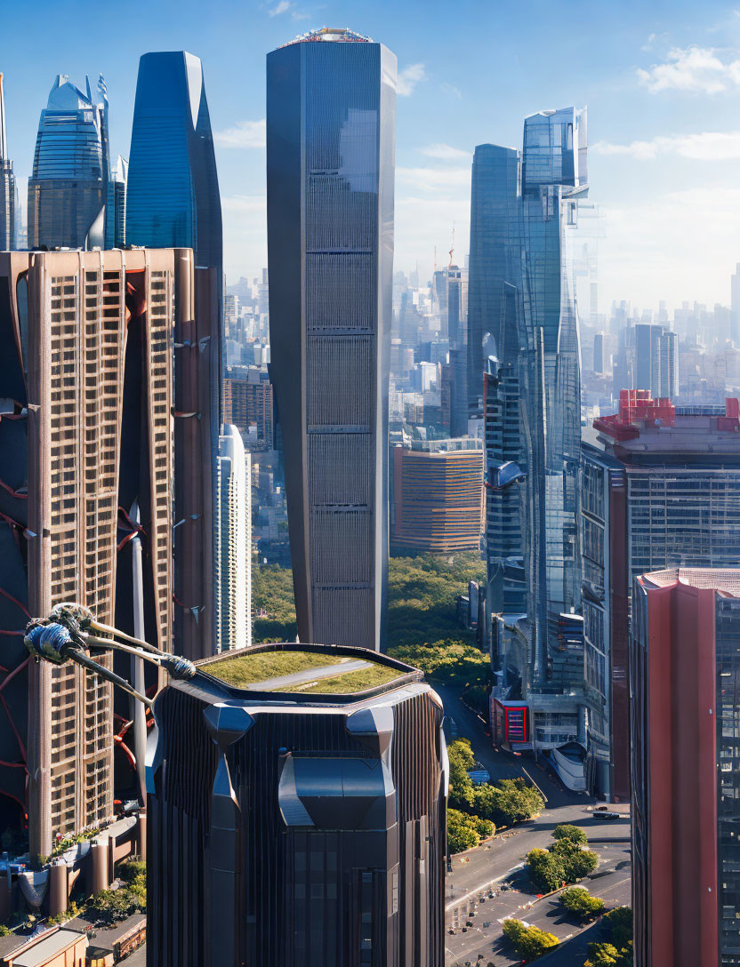 Urban skyline with skyscrapers under clear blue sky and circular architectural structure.