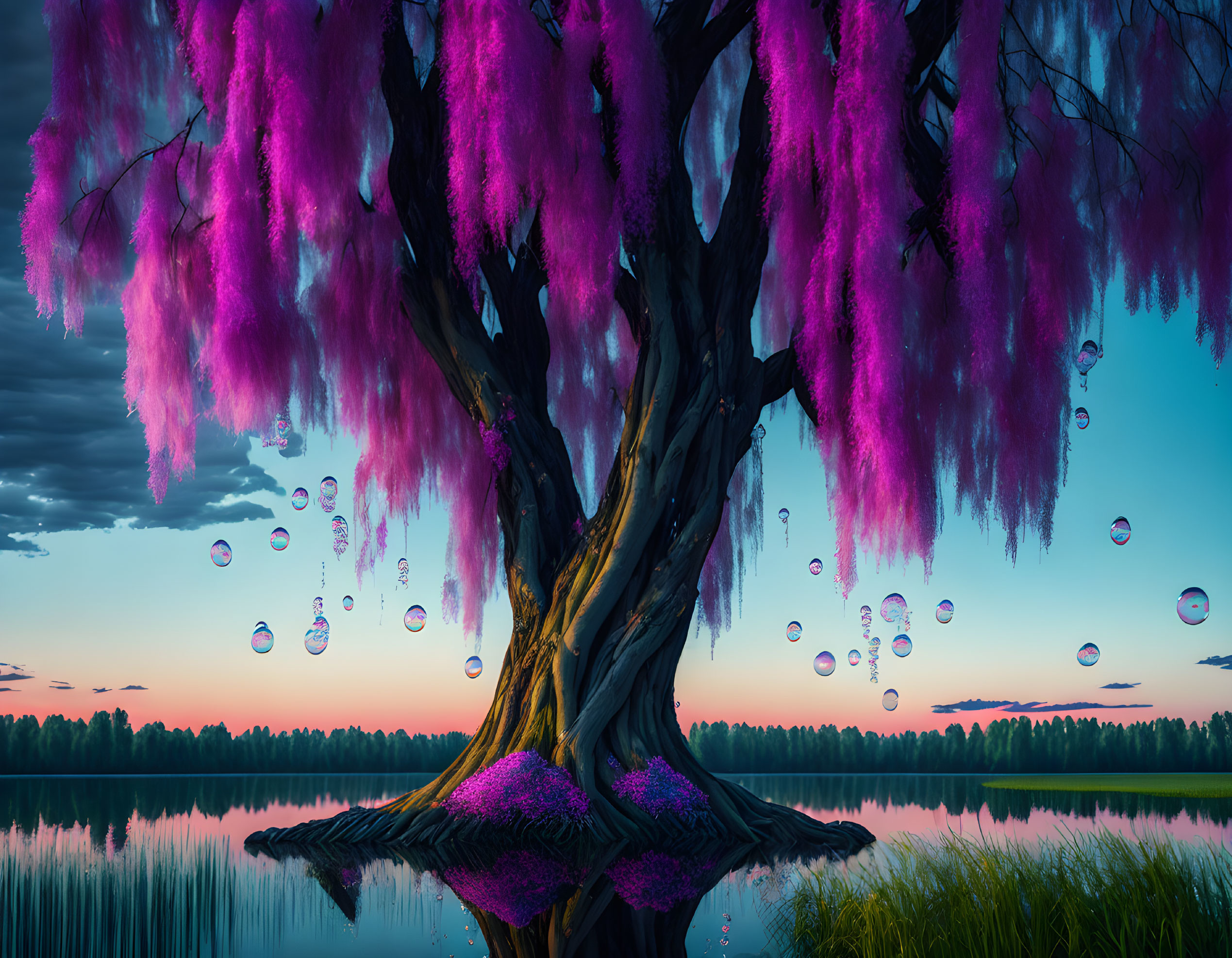 Fantastical tree with purple foliage and floating bubbles at twilight lake