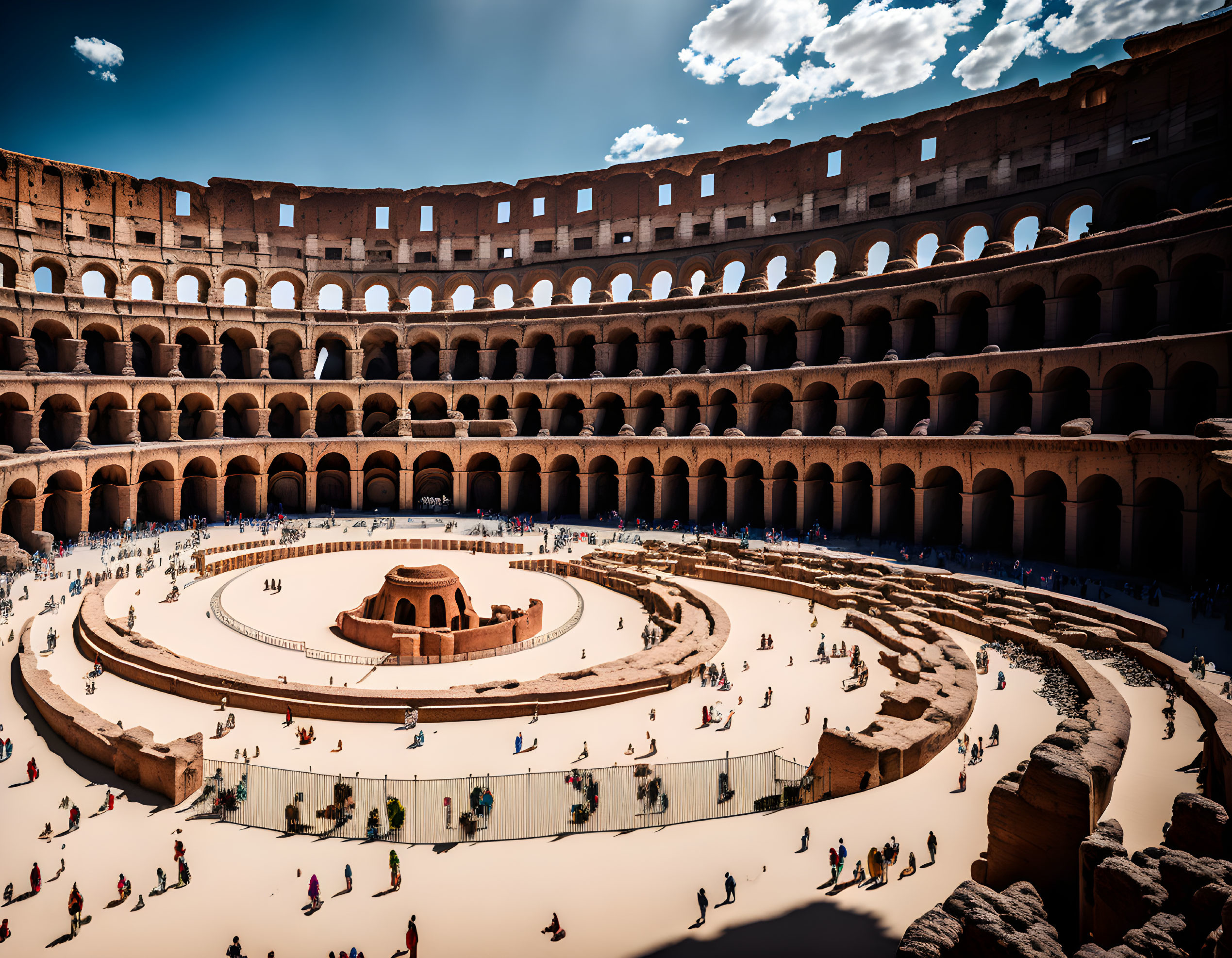 Well-preserved Colosseum interior under clear blue sky