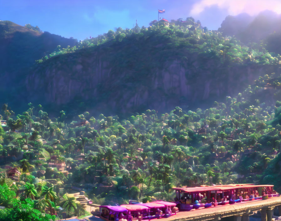 Lush green forest and colorful train crossing a tropical bridge