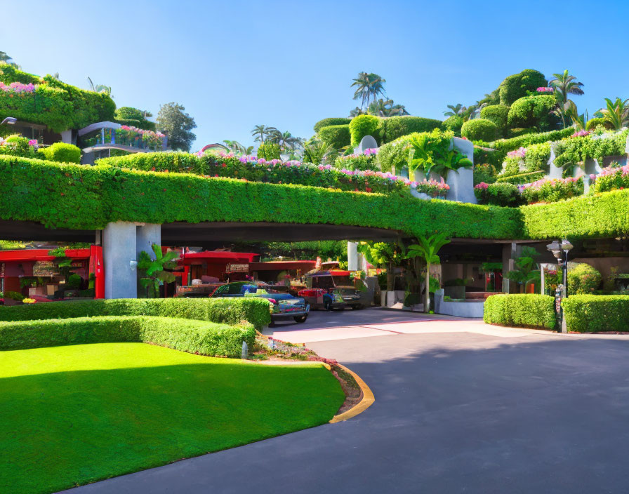 Multi-level parking with green hedges, flower beds, and red canopies.