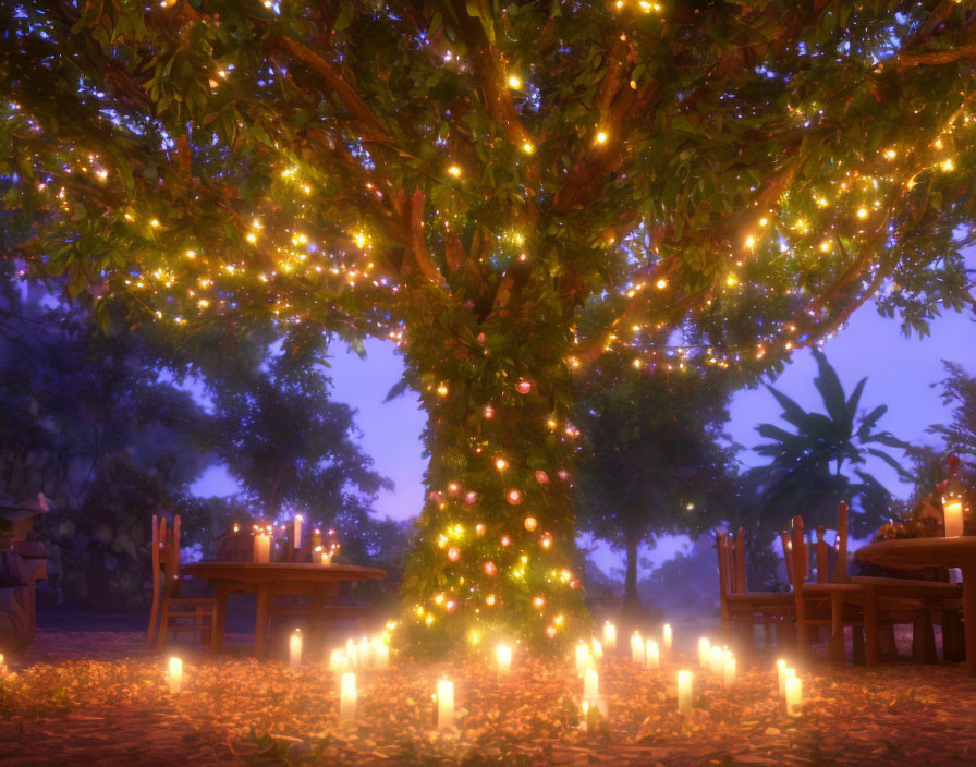 Twinkling Lights on Large Tree Over Outdoor Dining Tables at Twilight