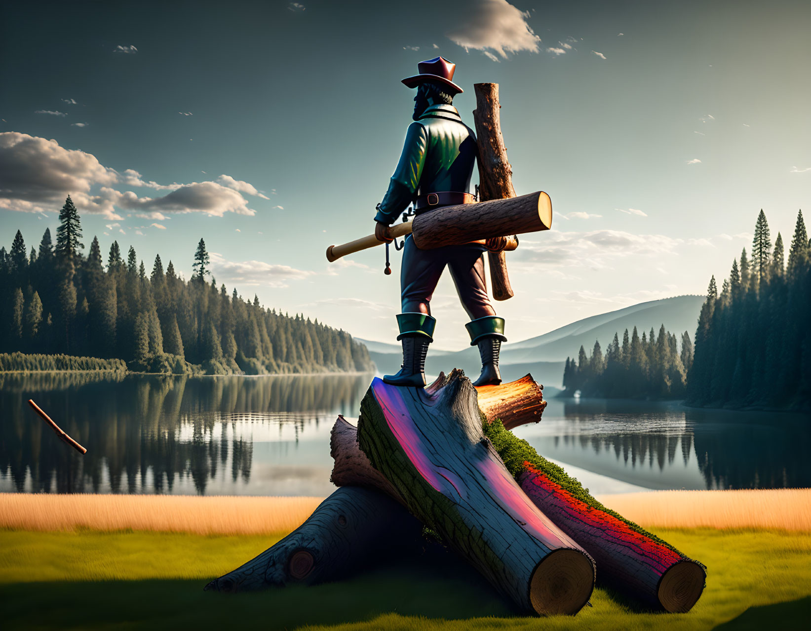 Stylized lumberjack figure on painted log by serene lake