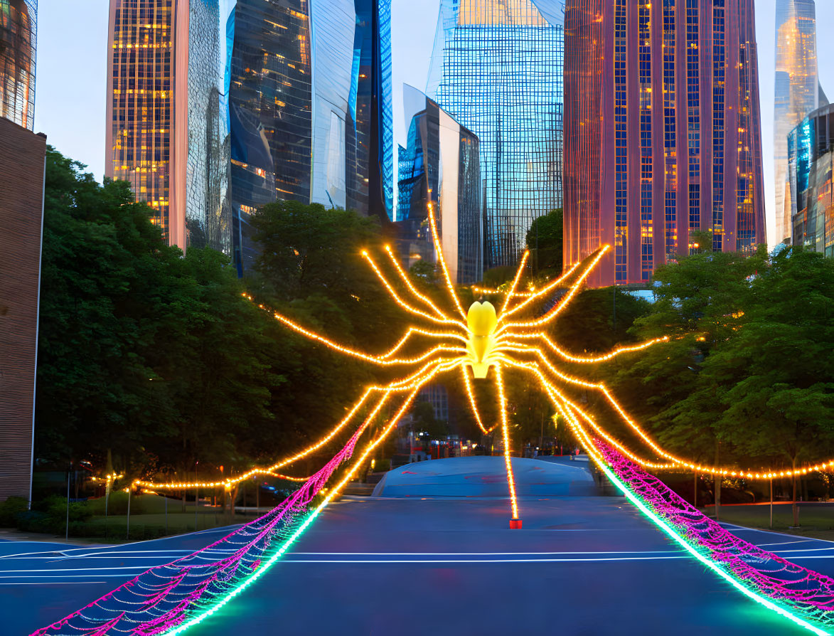 Giant spider light installation over urban street at twilight