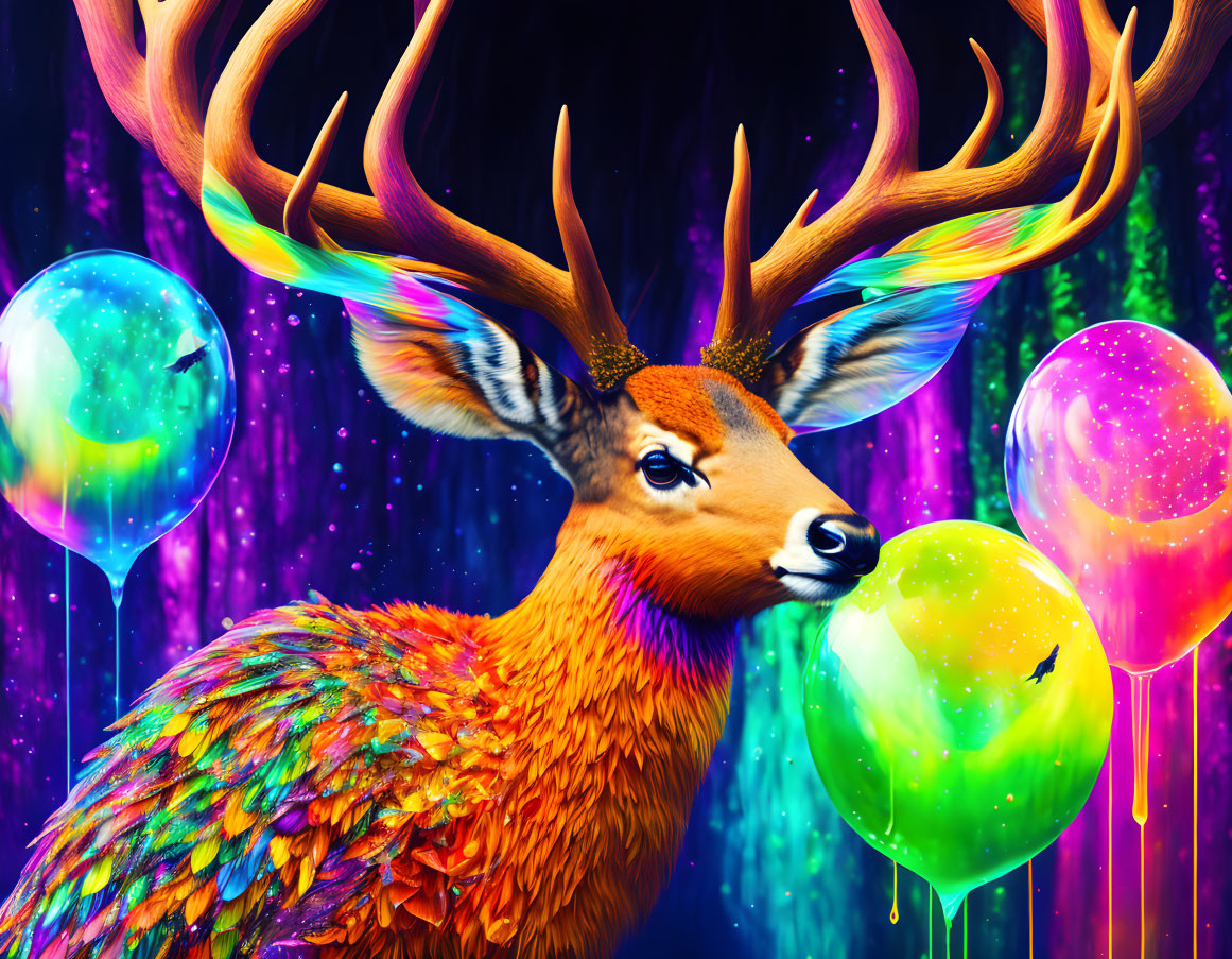 Vibrant deer with iridescent feathers and antlers in starry night scene