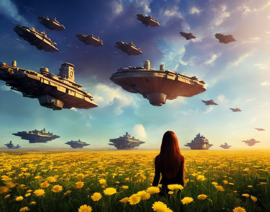 Red-haired woman in yellow flower field under floating spaceships