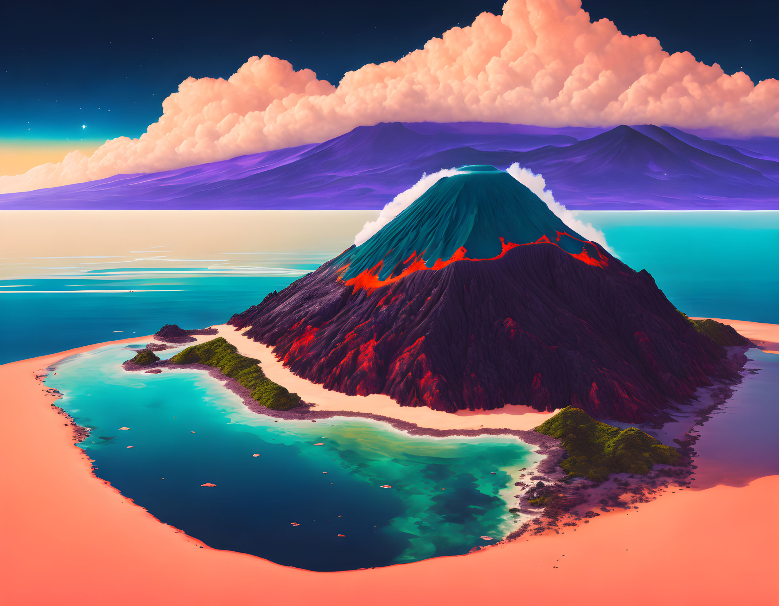 Surreal volcanic island with vibrant colors, pink beaches, turquoise waters, and dramatic twilight sky