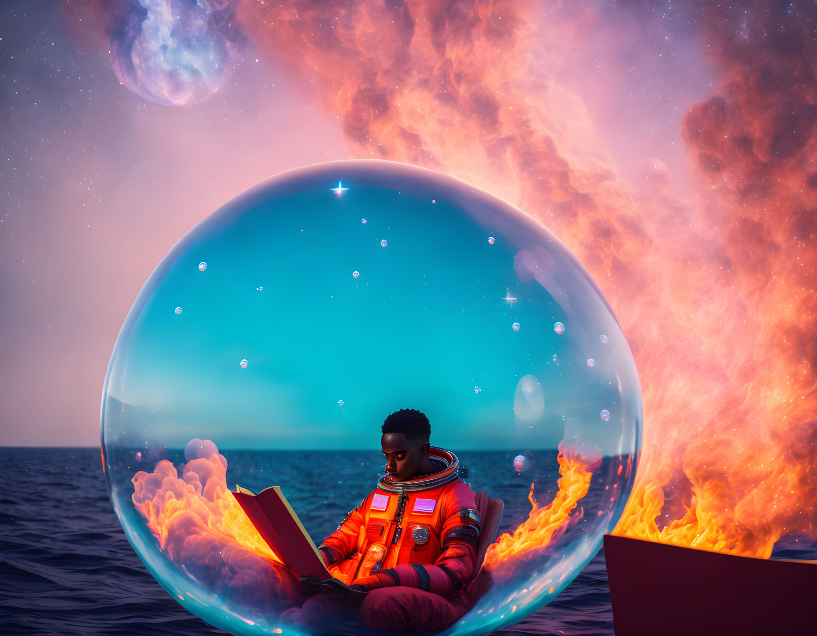 Astronaut reading book in bubble surrounded by water and fire