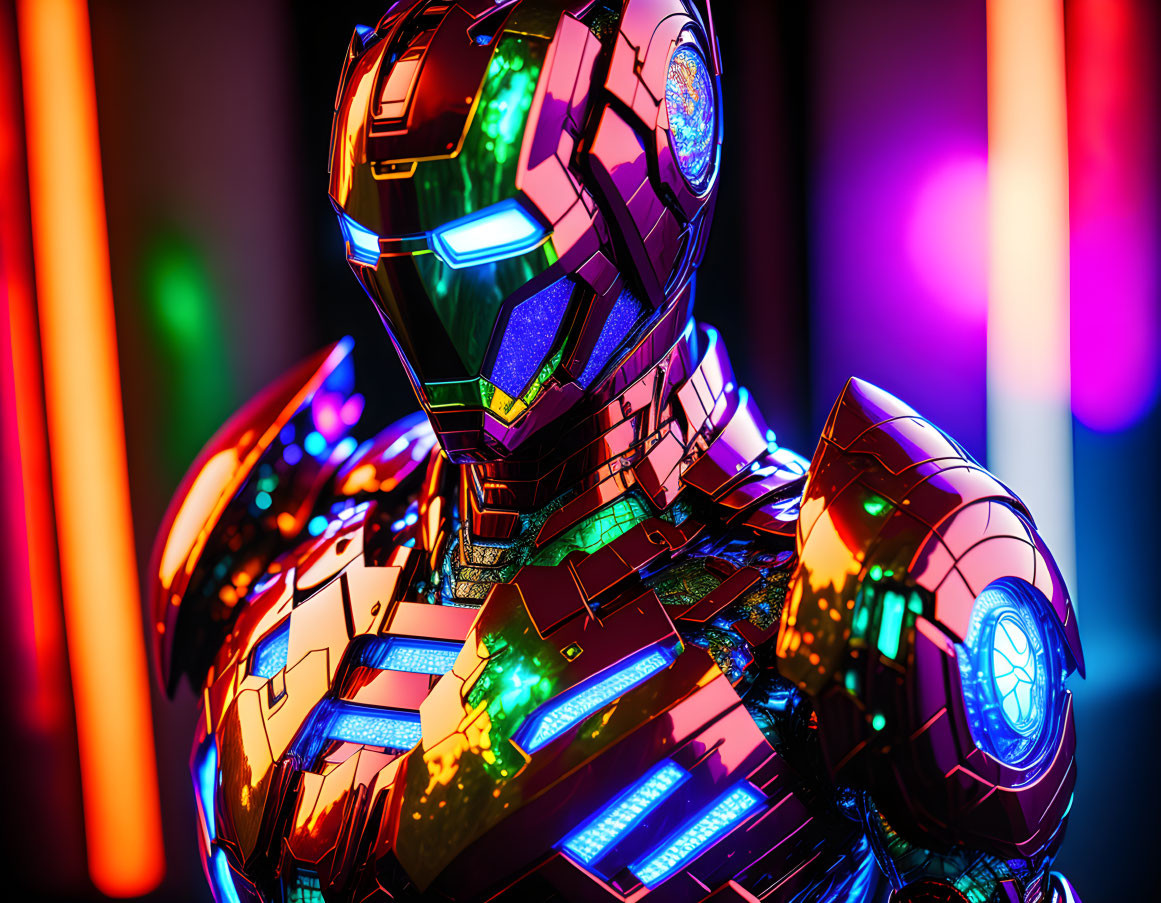 Vibrant Iron Man armor with glowing lights in neon bar backdrop