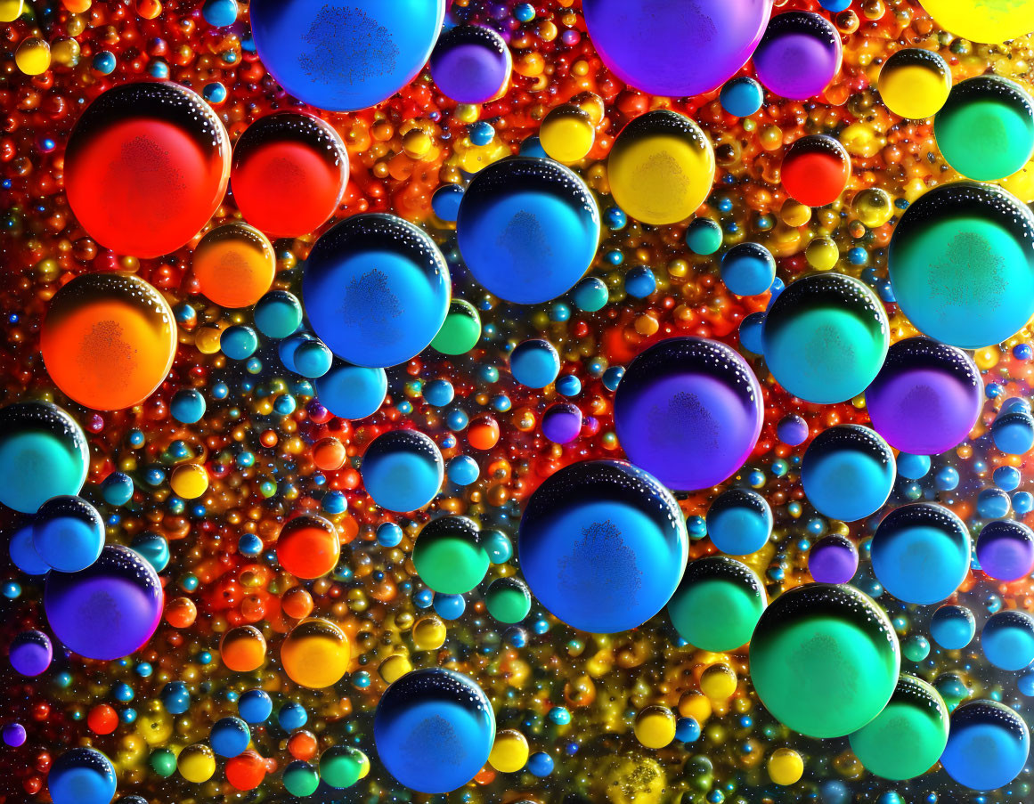 Multicolored bubbles with shimmering reflections in abstract mosaic pattern