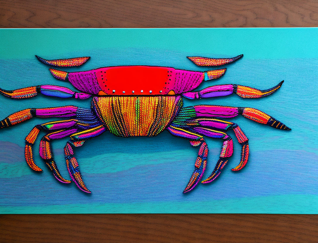 Colorful Beaded Crab Artwork on Turquoise Background