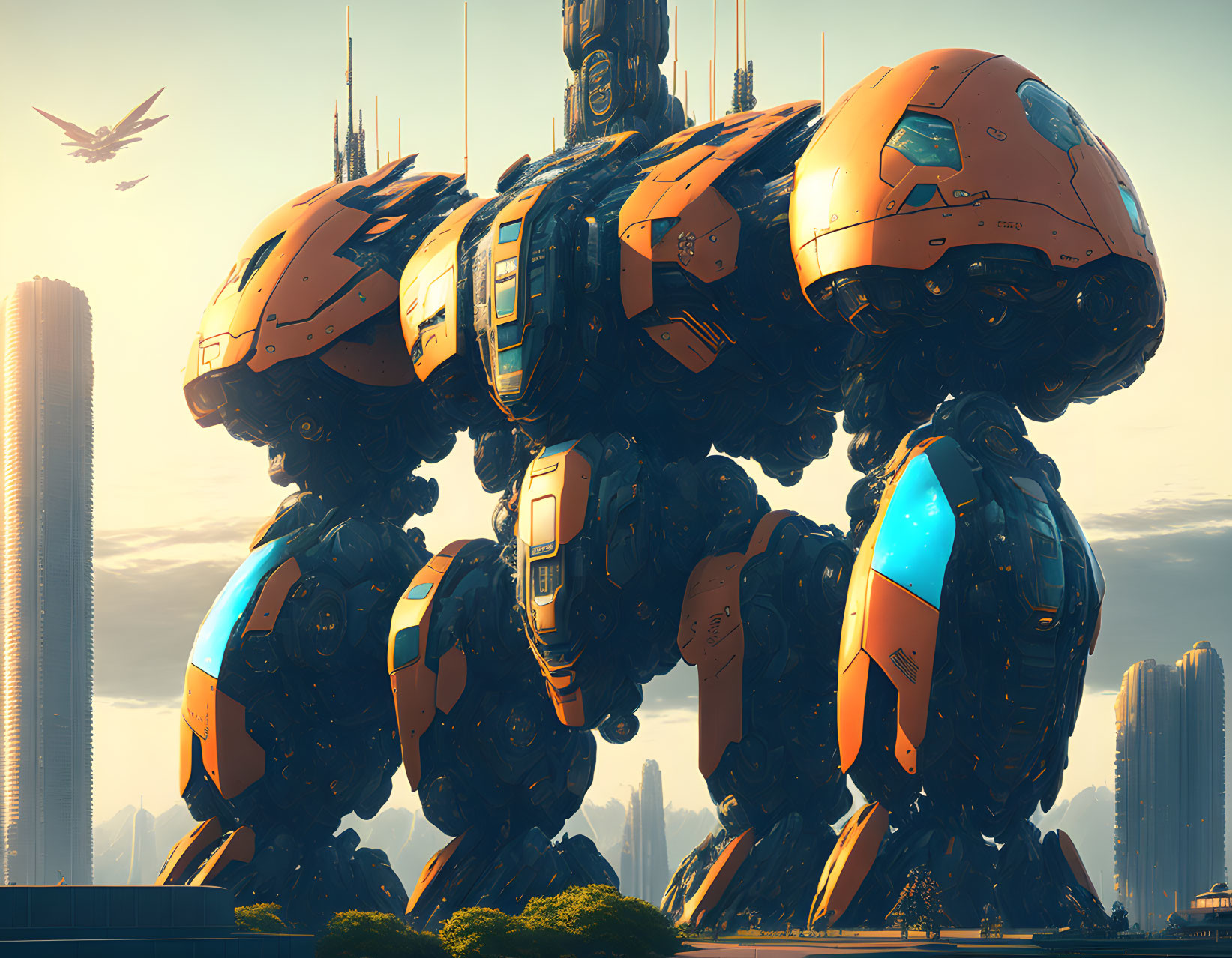 Gigantic orange and blue mech in futuristic cityscape at sunset