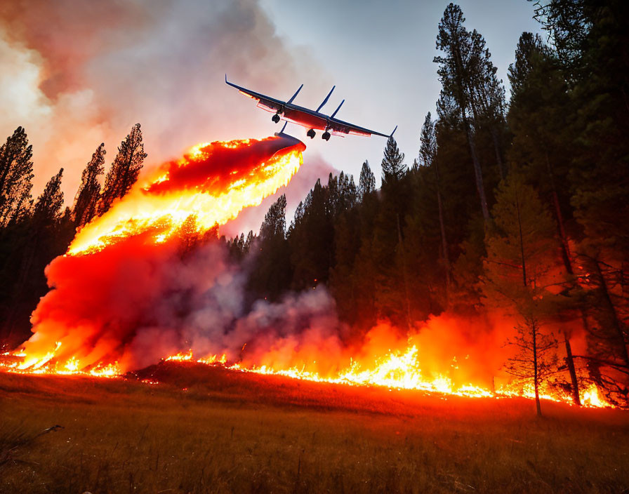 Airplane drops fire retardant on forest fire at dusk