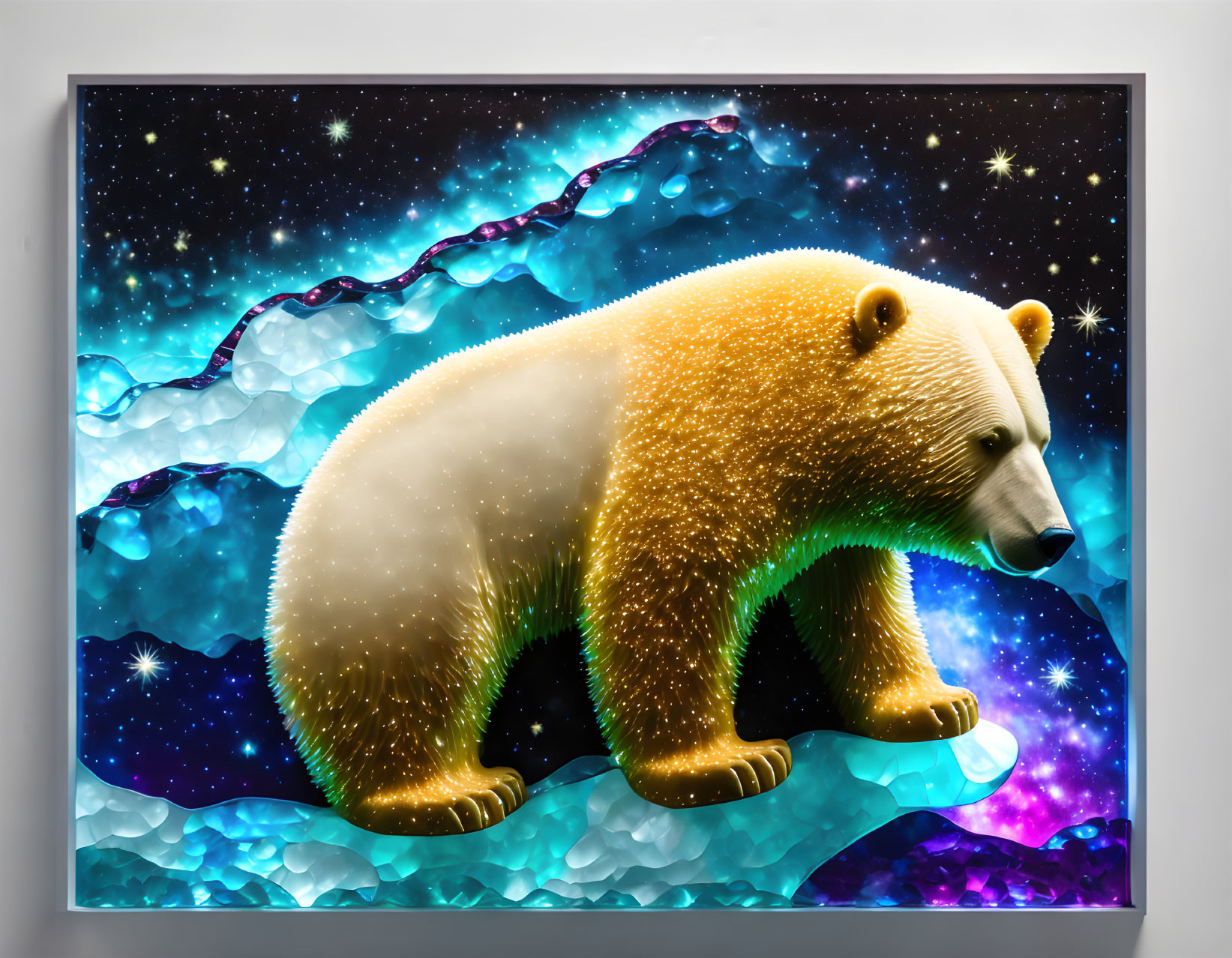 Luminous golden polar bear in cosmic scene