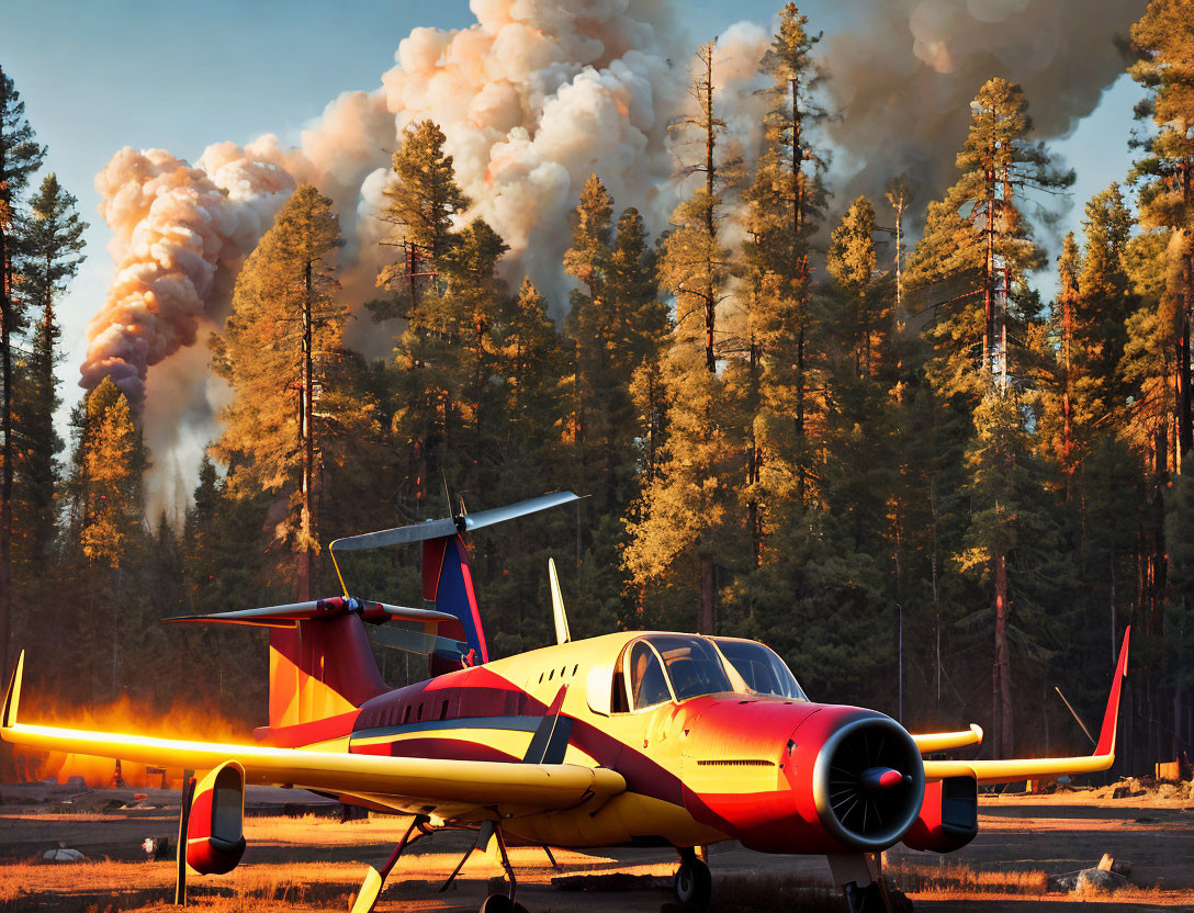 Aircraft parked in front of thick smoke from forest fire