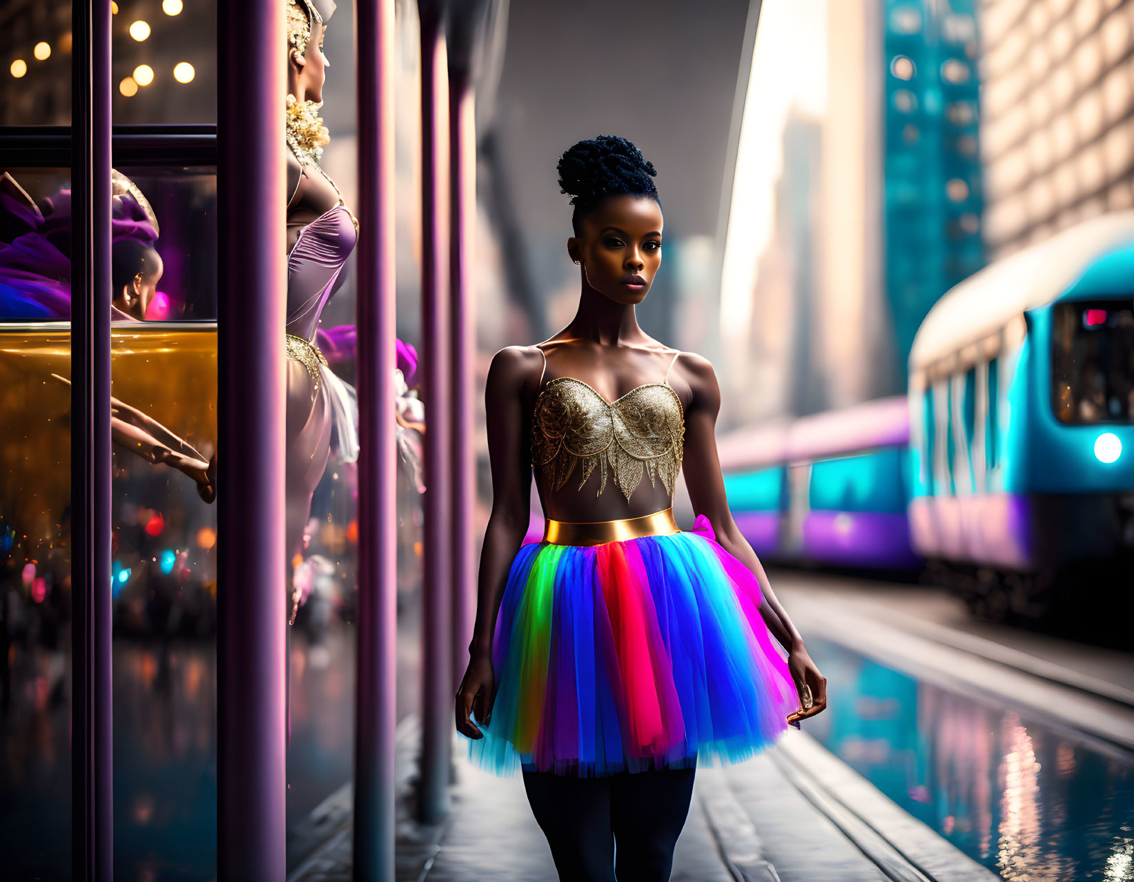 Vibrant rainbow tutu and golden top modeled on city street at dusk