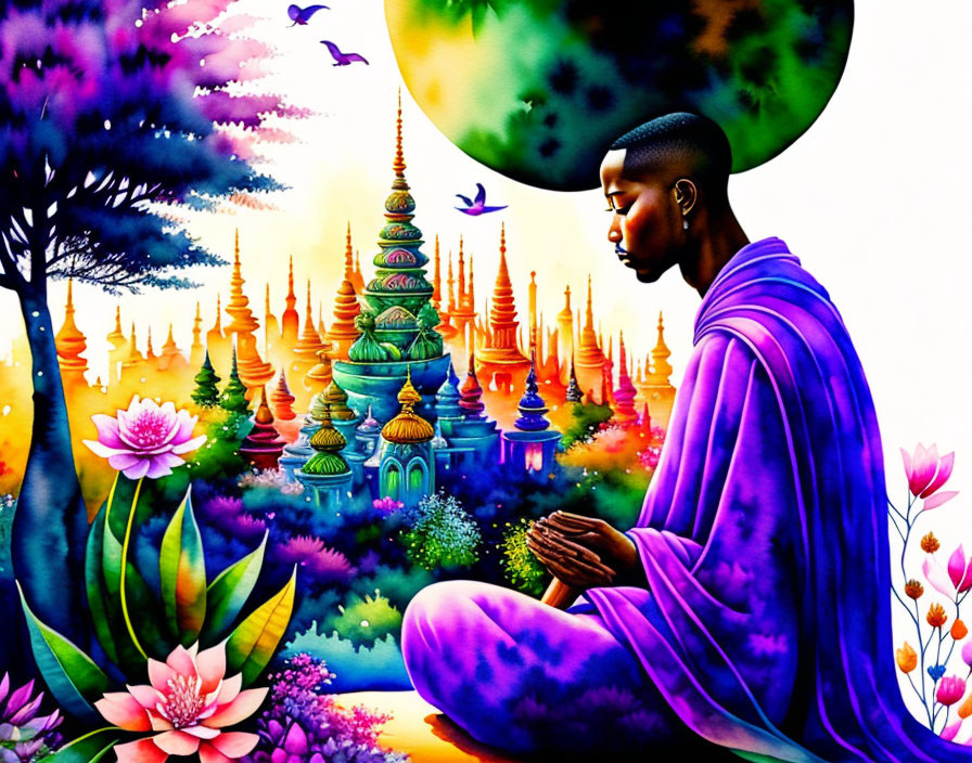 Colorful artwork of person meditating in purple robes amidst mystical scenery