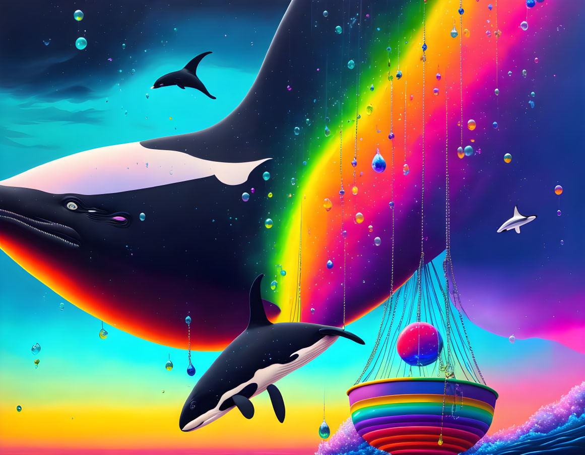 Colorful digital artwork: Whales, dolphins, aurora, and whimsical boat