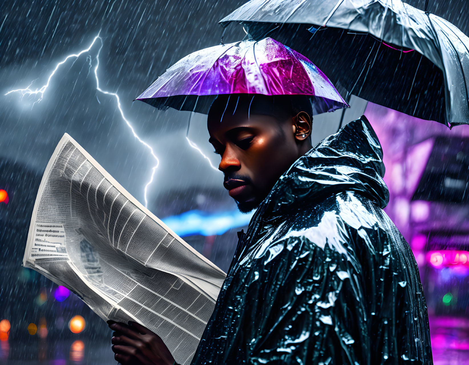 Man reading newspaper under purple umbrella during rainy night with lightning.