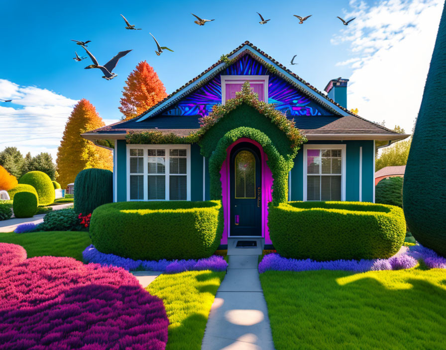 Colorful House with Purple and Green Landscaping and Flying Birds