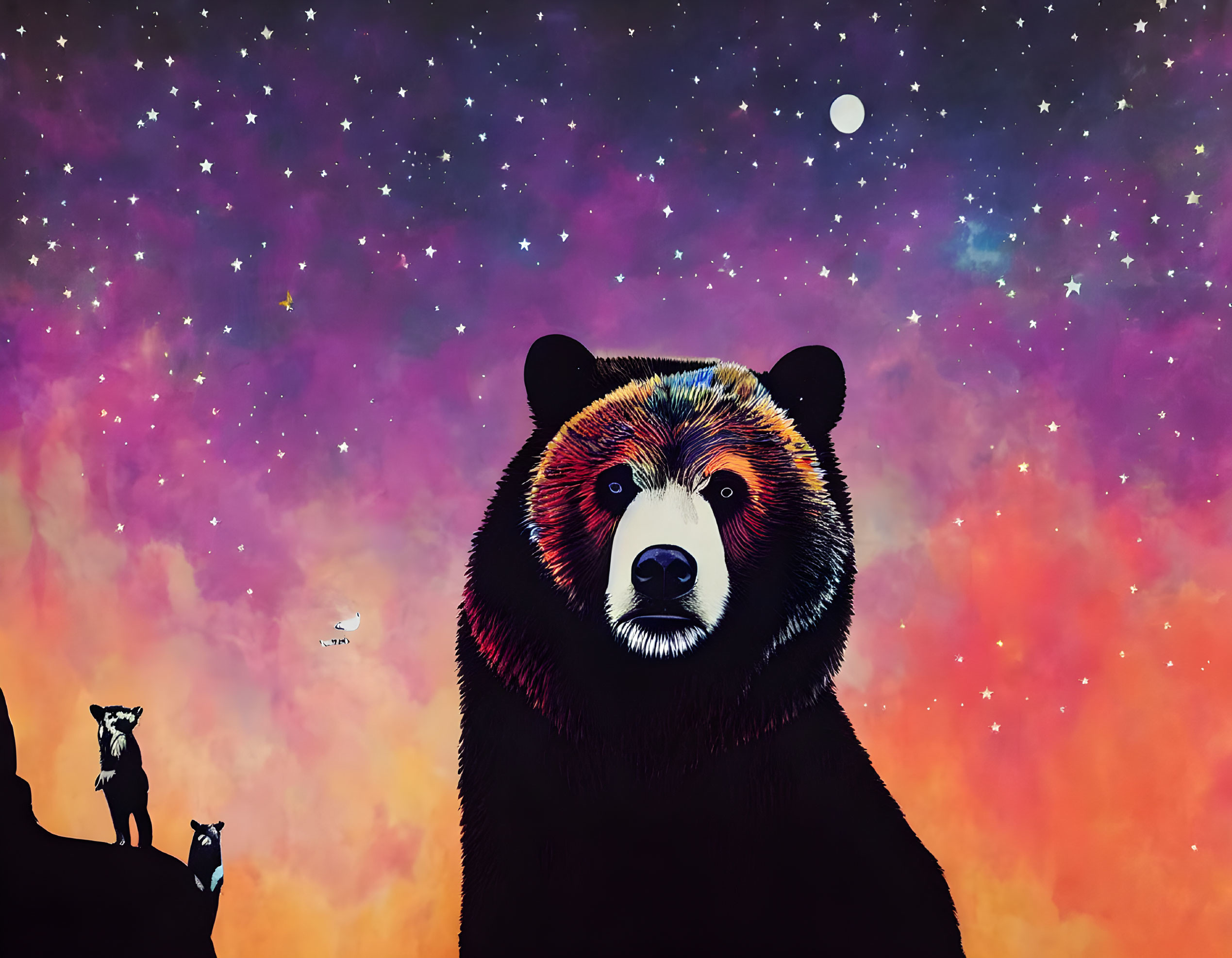 Large bear and foxes in cosmic starry backdrop.