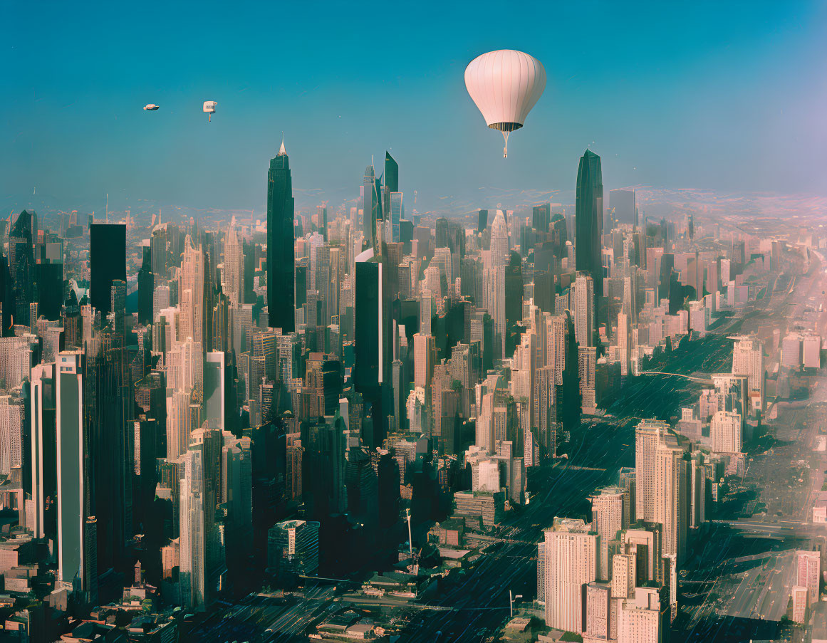 Modern cityscape with skyscrapers and hot air balloons in aerial view