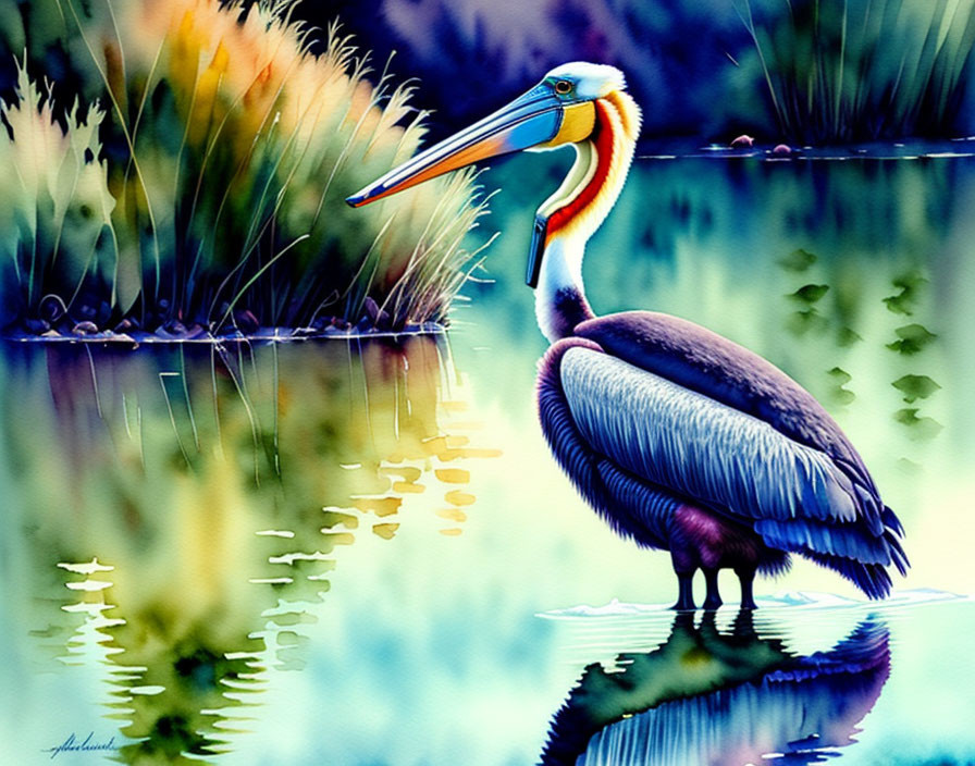 Pelican painting by water's edge with lush greenery & colorful reflections