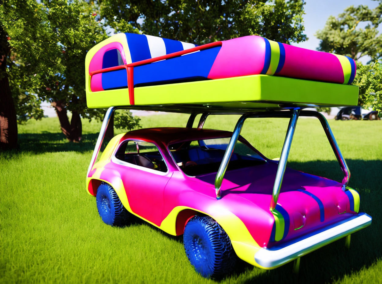 Colorful Toy Car with Oversized Pool Floats Parked Under Tree