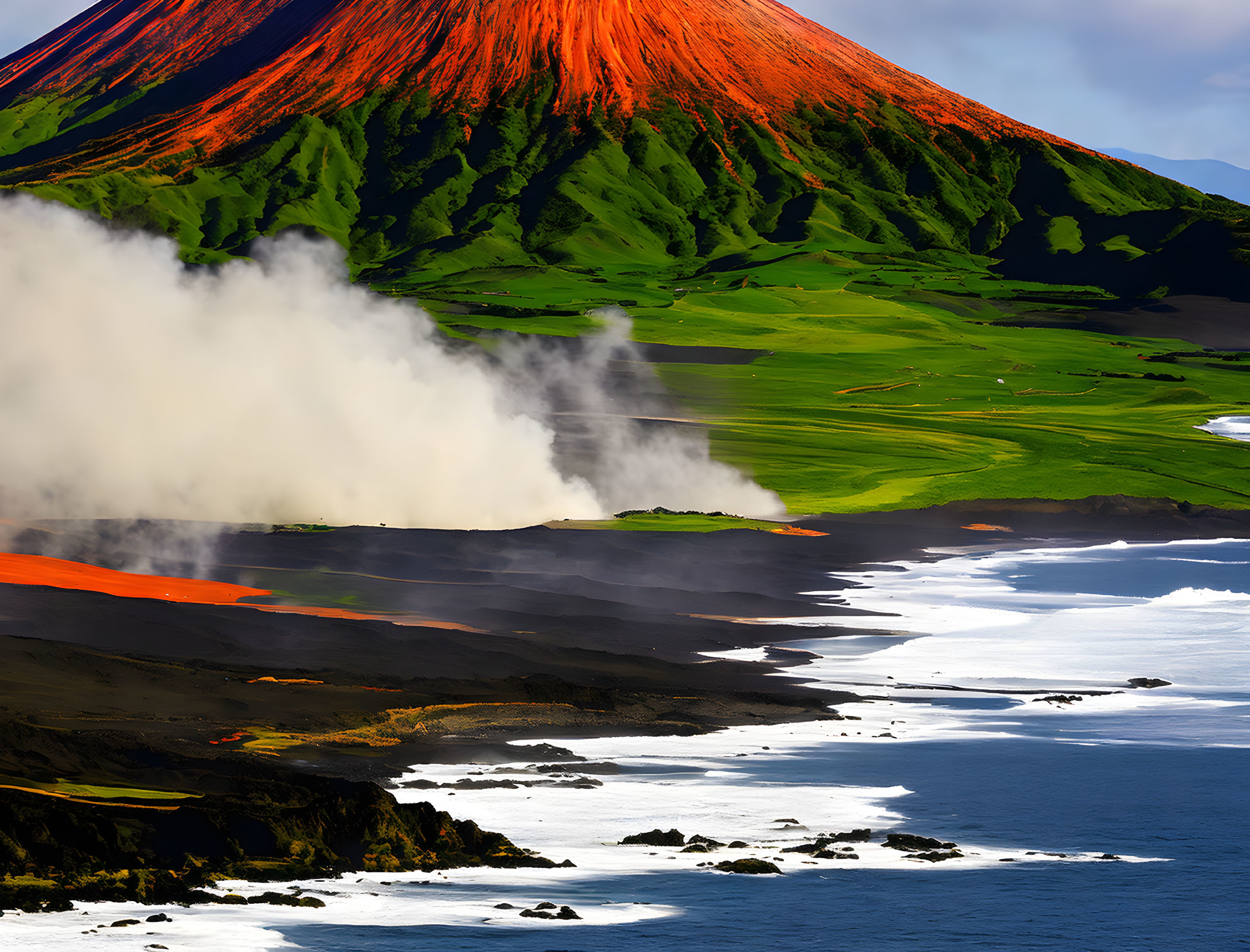 Scenic landscape with red mountain, green fields, volcanic formations, mist, and coastline