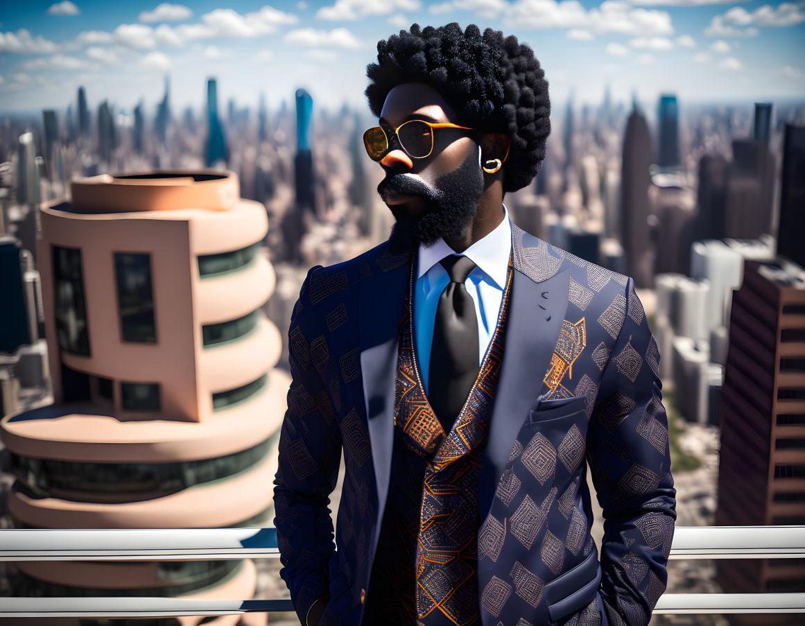 Male avatar with afro and sunglasses in stylish urban setting