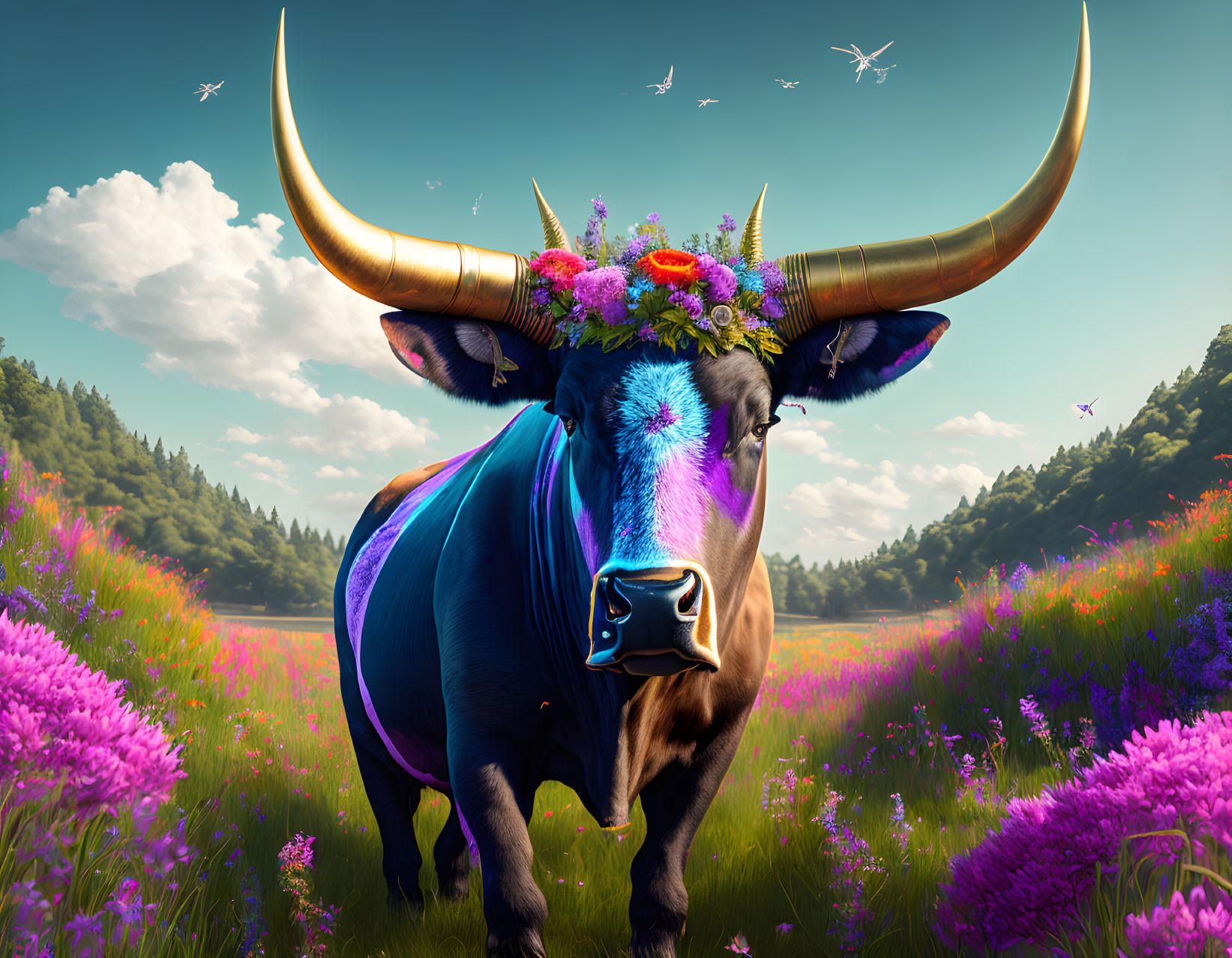 Colorful Blue Bull with Golden Horns in Purple Flower Field with Birds