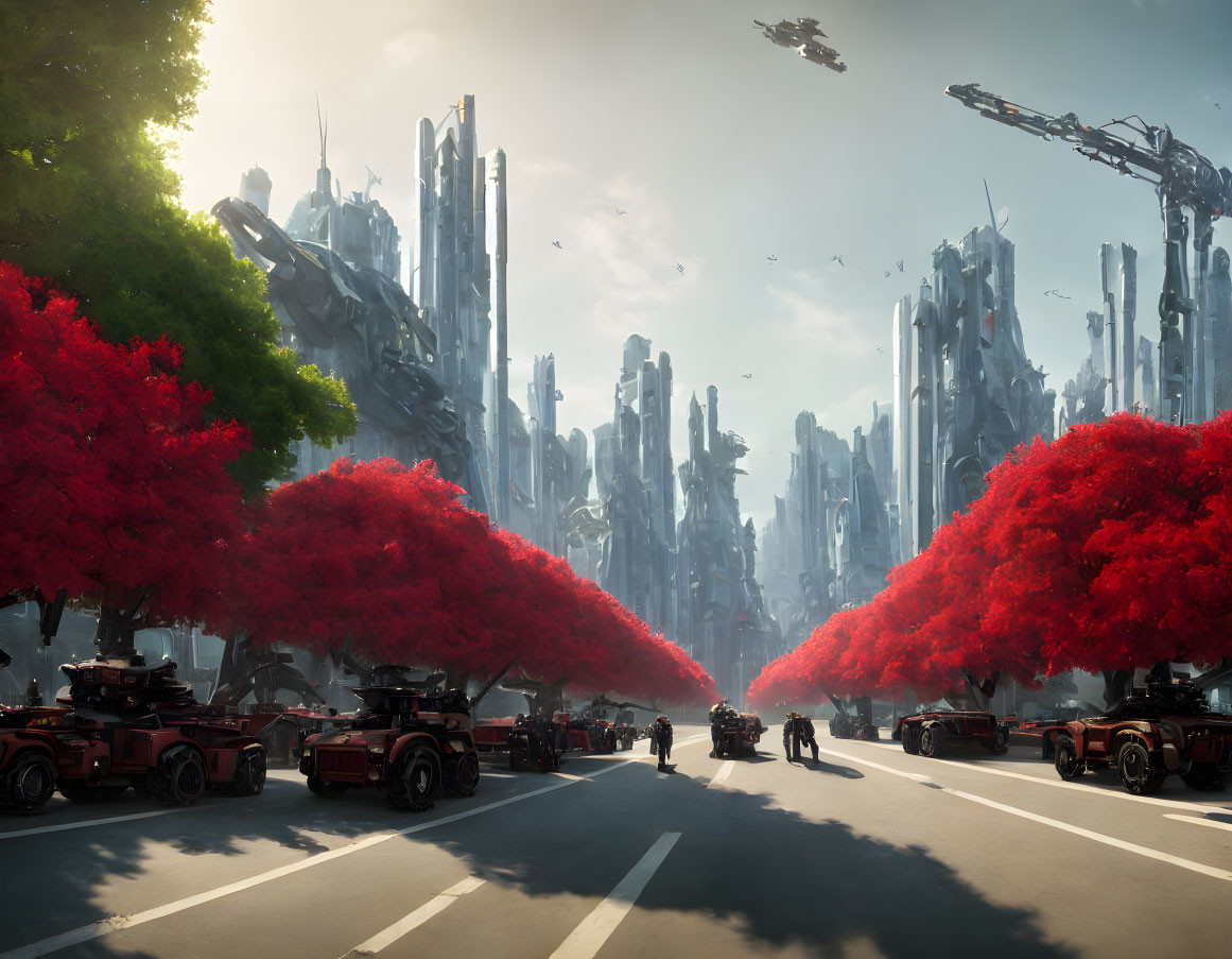 Futuristic cityscape with skyscrapers, red trees, vehicles, and flying crafts